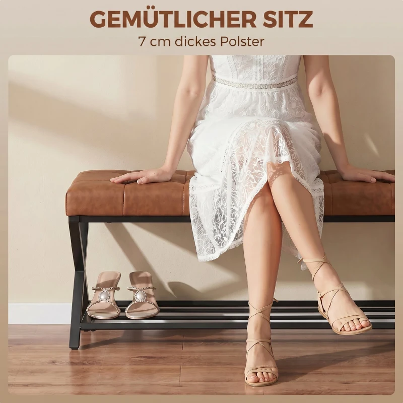 HOMCOM Schuhbank, Eingangsbank mit Kunstlederpolster, Ablage bis 220 kg für Flur, Eingangsbereich, 112 x 37 x 47 cm, Braun