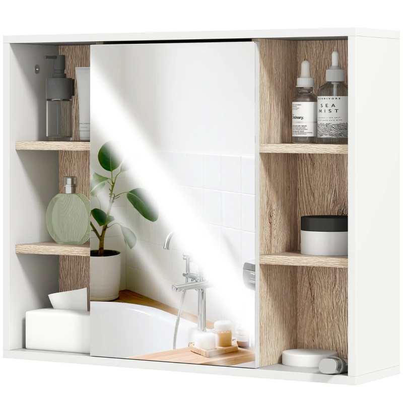 HOMCOM Armoire murale, meuble salle de bain avec miroir, miroir salle de bain avec rangement, placard à portes et 6 compartiments ouverts, 60 x 14,5 x 49,4 cm, blanc