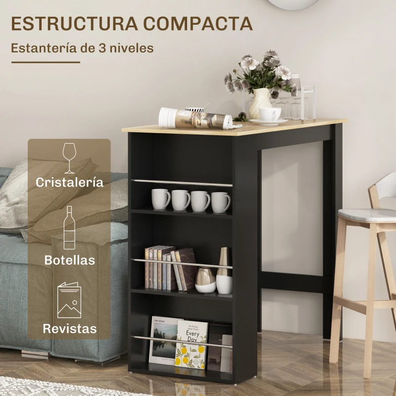 HOMCOM Mesa Alta de Bar Mesa de Cocina con 3 Estantes Marco de Madera Estilo Moderno 112x57x106 cm Negro y Natural