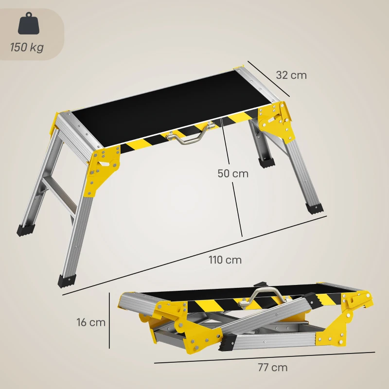 HOMCOM Banco de Trabajo Antideslizante Soporte de Herramientas Plegable de Aluminio con Asa 150 kg 110x32x50 cm Negro