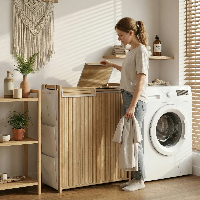 HOMCOM Cesto de Ropa Sucia de Bambú con Tapa 120L con 2 Bolsas con Cordón Extraíbles y Lavables Bolsillos Laterales Natural