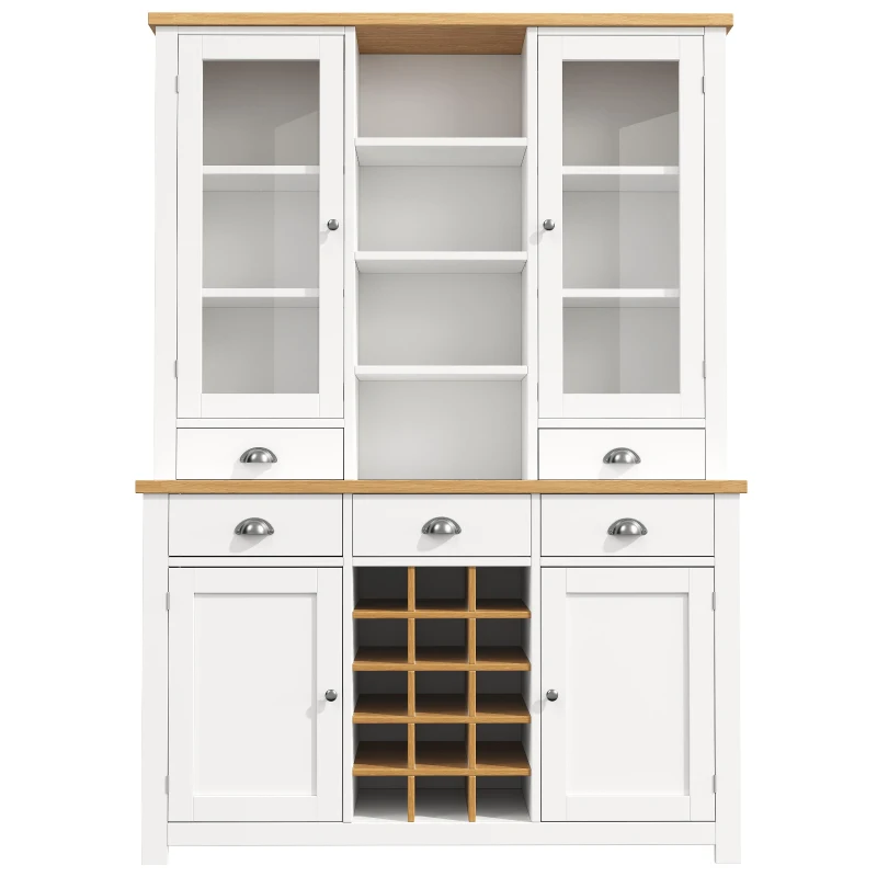 Kitchen Pantry Cabinet with Wine Rack and Adjustable Shelves, Glass-Door Buffet Sideboard with 5 Deep Drawers, 120L x 40W x 185H cm, White