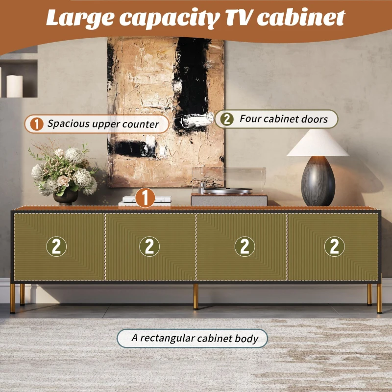 Spacious TV Cabinet with 4-Door Concealed Storage, Practical TV Stand for Dining Rooms and Living Rooms, 179L x 35W x 53.5H cm, Black+Wood