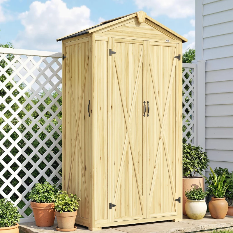 Outsunny Caseta de Jardín de Madera 93x53x168 cm Armario para Herramientas con 4 Estantes 3 Puertas y Ganchos Madera Natural