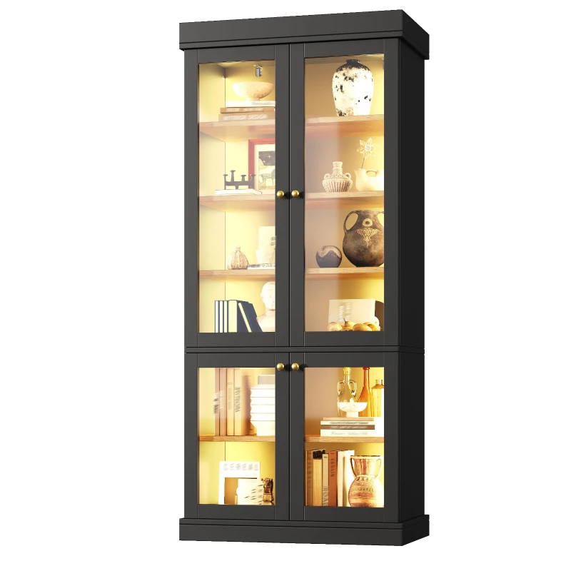 Modern Freestanding Display Cabinet with Height-Adjustable Shelves, LED Lighted Tall Showcase for Industrial Interiors, 80L x 40W x 180H cm, Black