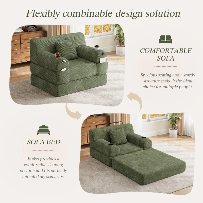1-Seater Sleeper Sofa with Metal Frame and High-Density Foam, Single Convertible Chair Bed for Cosy Interiors, 107L x 80W x 81H cm, Green