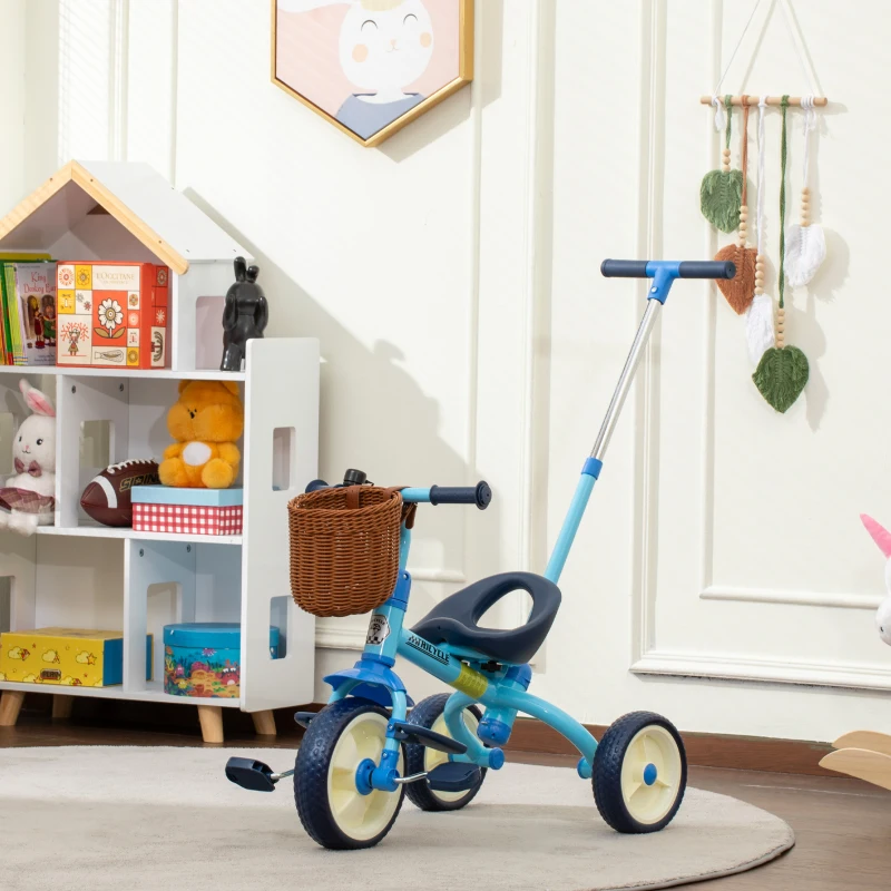 AIYAPLAY Triciclo para Bebés 2 en 1 para 2-5 Años con Barra Parental Pedales Antideslizantes, Reposapiés Plegables y Cesta Azul