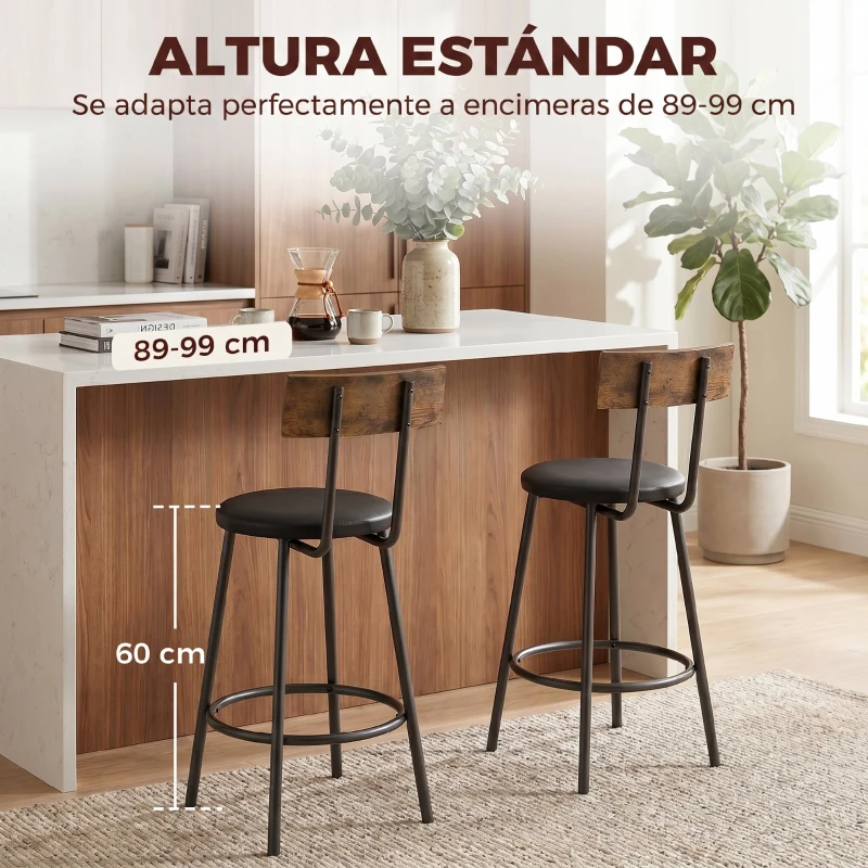 HOMCOM Set de 2 Taburetes de Bar con Respaldo y Reposapiés Tapizados en PU 41x47x92 cm Negro