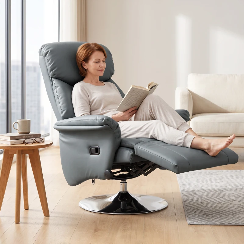 HOMCOM Relaxsessel, Liegefunktion, Lederoptik, Fußstütze, bis 120 kg, 78 x 80 x 109 cm, Grau