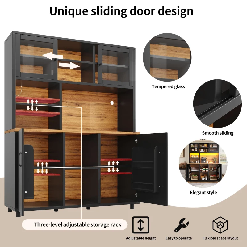 Tall Multi‑Purpose Storage Cabinet with App‑Controlled LED Lighting, Retro-Style Kitchen Hutch for Kitchen or Living Spaces, 140L x 40W x 185H cm, Black