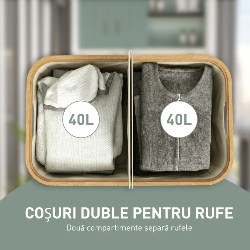 HOMCOM Coș Pentru Rufe 80L cu Capac Din Bambus, Bej
