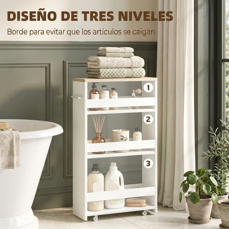 kleankin Armario Auxiliar de Baño Carrito con 3 Estantes y Ruedas para Espacios Estrechos 50x13x67,5 cm Blanco