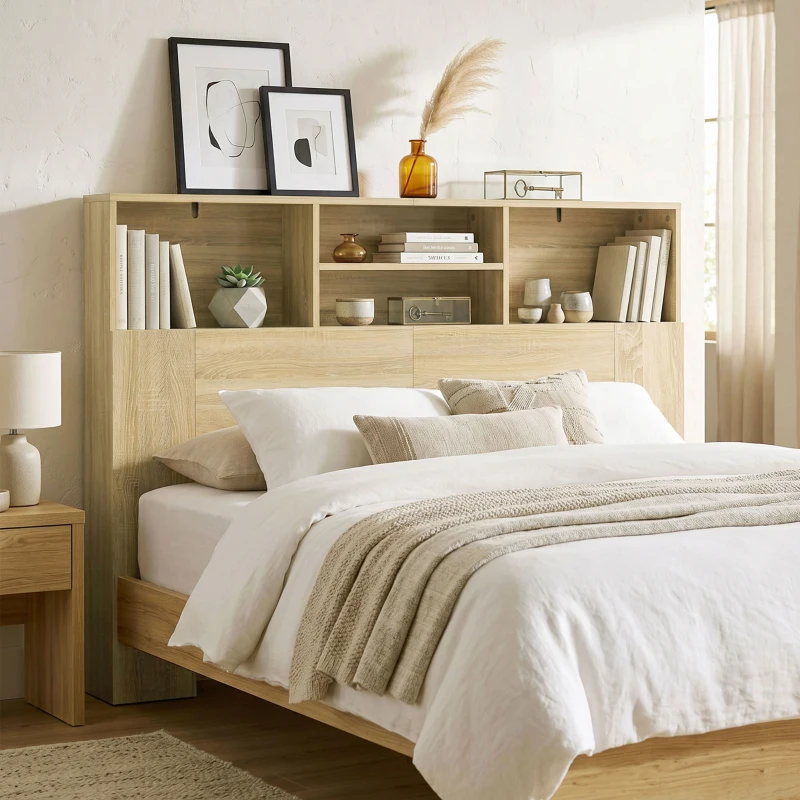 HOMCOM Cabecero de Cama 140 cm con Almacenaje Cabezal de Cama con 4 Compartimentos Abiertos para Dormitorio Roble
