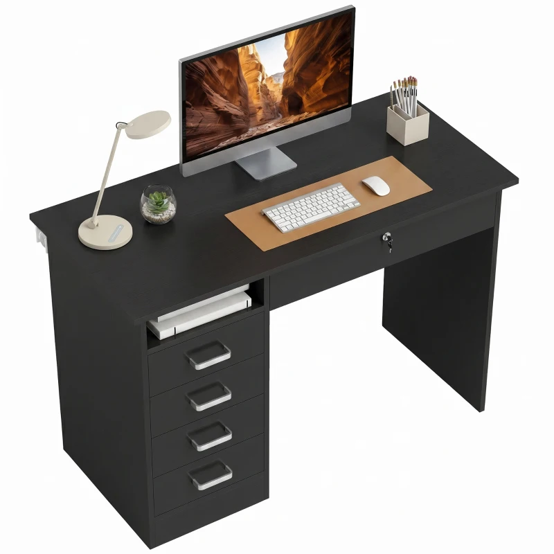 HOMCOM Bureau moderne avec 5 tiroirs, grand plateau, 1 compartiment ouvert, tiroir verrouillable, 110 x 50 x 76cm, noir