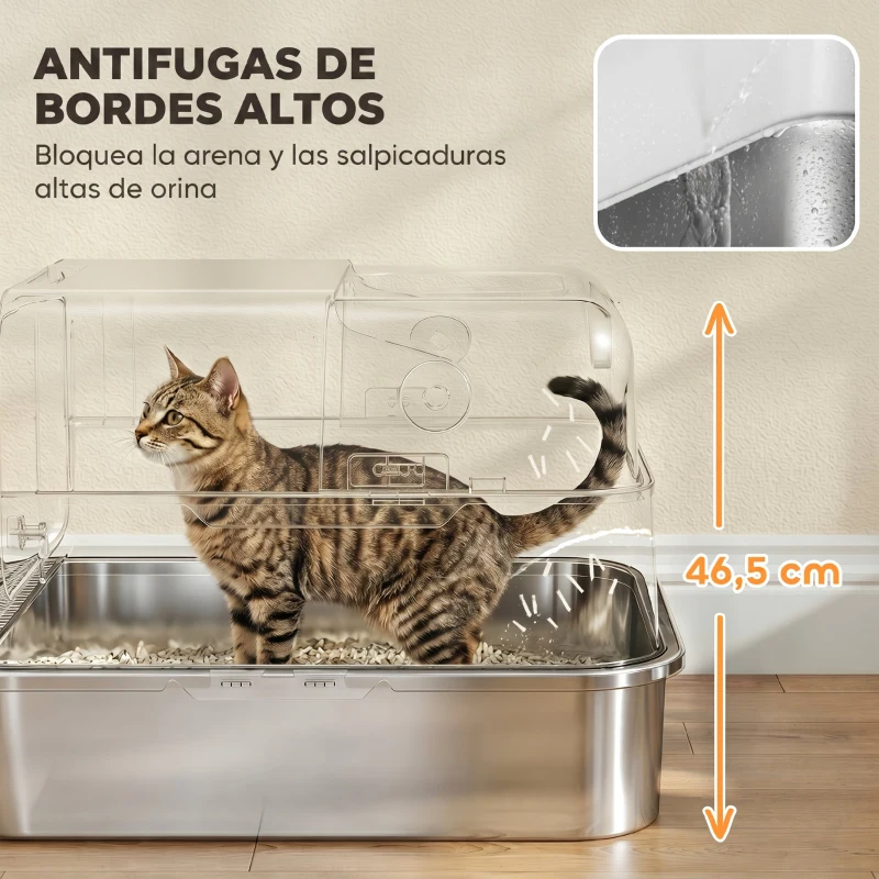 PawHut Arenero para Gatos de Acero Inoxidable XXL con Tapa Abatible Laterales Altos Entrada Superior Pala Blanco