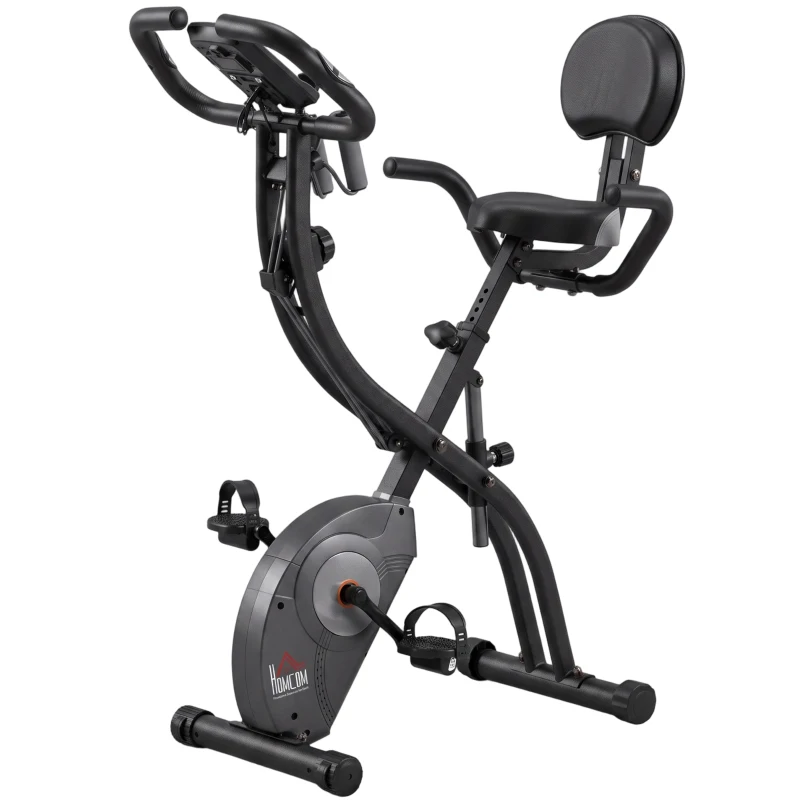 HOMCOM Bicicleta Estática Plegable 3 en 1 Resistencia Magnética Ajustable 8 Niveles con Sensor de Pulso Pantalla LCD Sillín Regulable Respaldo Bandas Soporte Teléfono Ruedas para Casa Gimnasio Negro