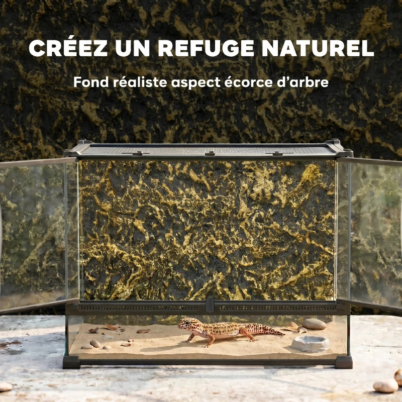 PawHut Boîte à Reptiles avec Panneau de Fond, Fermeture Sécurisée Par Rotation, Ventilation Frontale, 50x30x35cm, Noir