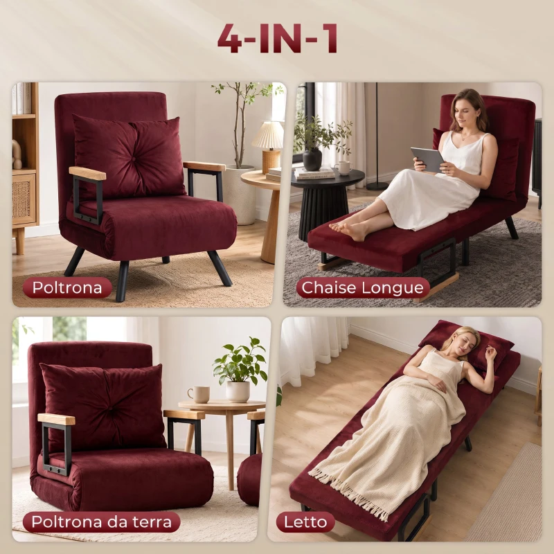 HOMCOM Poltrona Letto Imbottita 3 in 1 con Schienale Reclinabile in 5 Posizioni e Cuscino, 63x73x81 cm, Rosso Vino