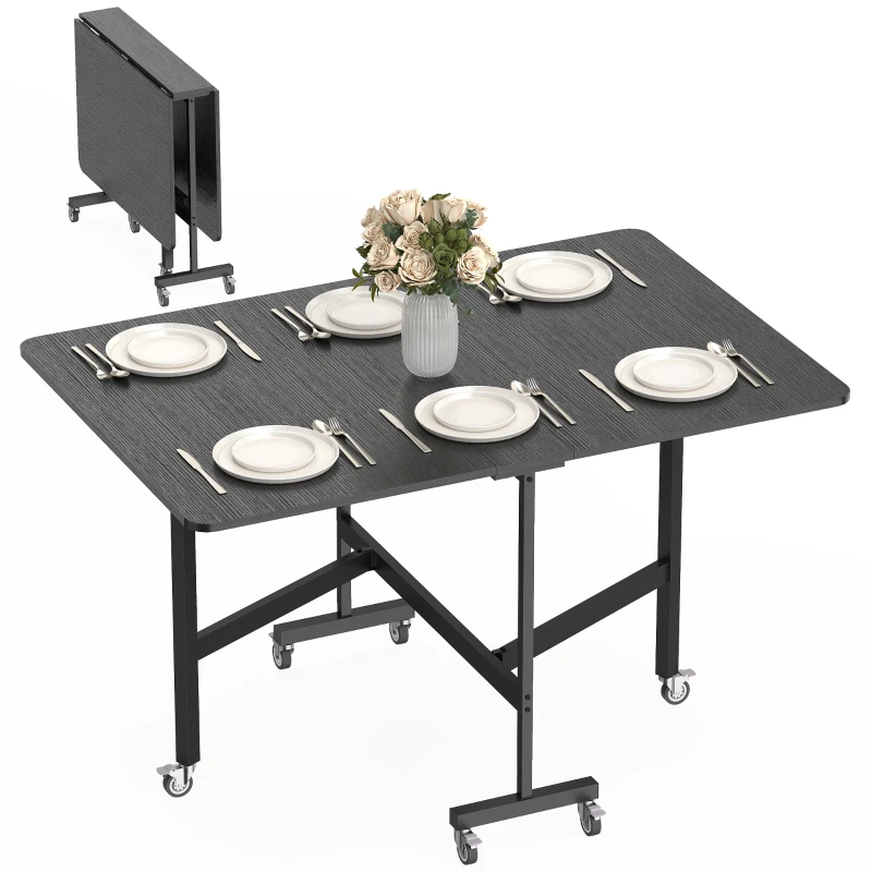 HOMCOM Table à Manger Pliante sur Roulettes pour 4-6 Personnes 120 cm, Roues avec Freins, 2 Abattants, Industriel, Noir