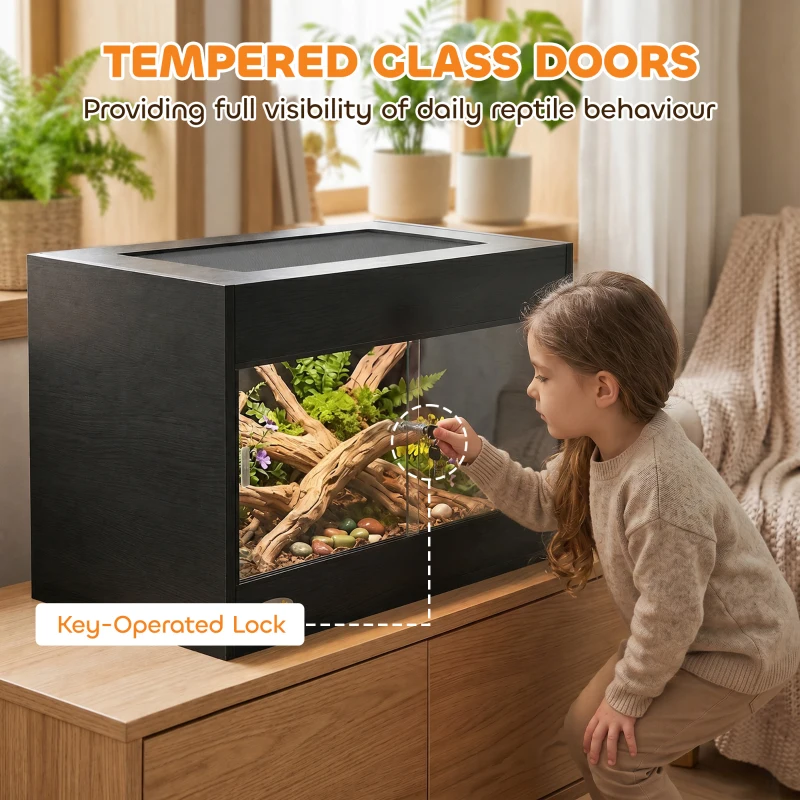 PawHut Reptile Terrarium, Reptile Vivarium with  Glass Doors, Secure Lock, Top Ventilation for Snake, Gecko, 60x45x45cm, Black