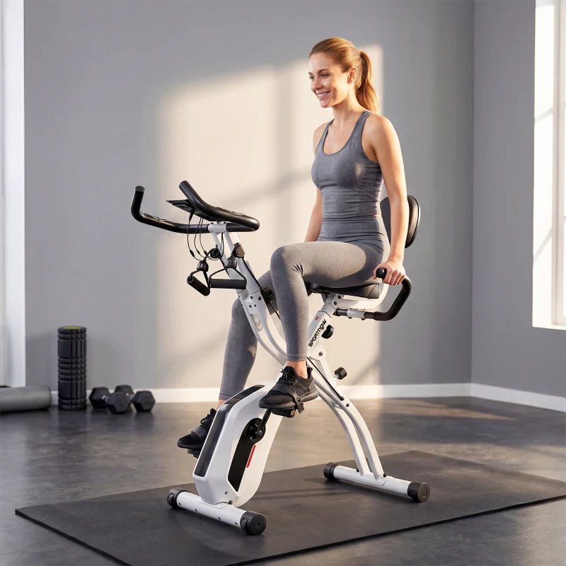 SPORTNOW Vélo d'Appartement Pliable Vélo de Fitness 3 en 1 Silencieux Connecté Kinomap Bluetooth et Zwift 105x53,5x109cm Blanc