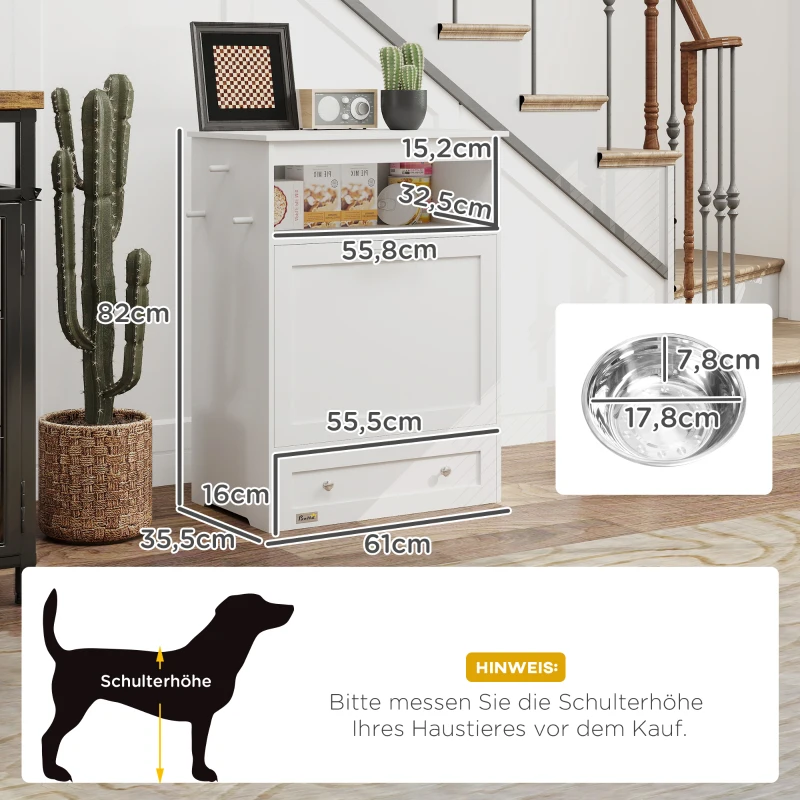 PawHut Futterstation für Haustiere, Aufbewahrungsschrank für Haustierbedarf, mit Futterschüsseln, Haken für Leinen, MDF, Weiß