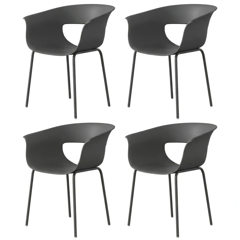 Outsunny Set 4 Scaune de Grădină, cu Brațe și Spătar Perforat, din PP și Metal, 61x51x74 cm, Gri Închis