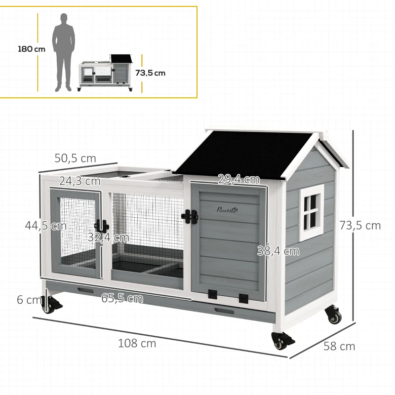 PawHut Conigliera in Legno da Interno ed Esterno con Ruote, Casetta, Tetto Apribile, Porte e Vassoio Estraibile, Grigio