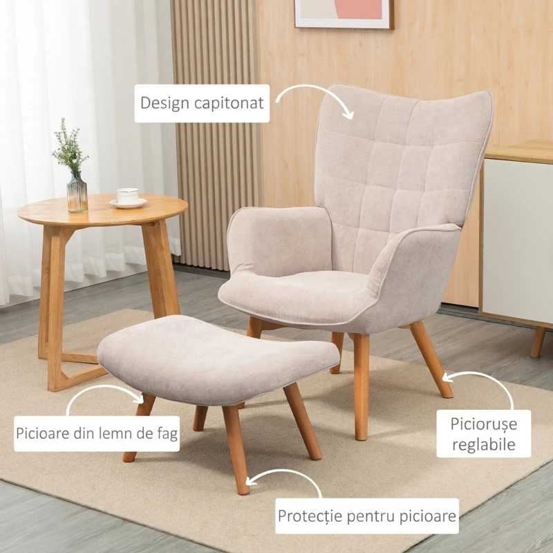 HOMCOM Fotoliu Relax cu Taburet pentru Picioare, din Catifea cu Nervuri, cu Spătar Înalt și Brațe, Bej