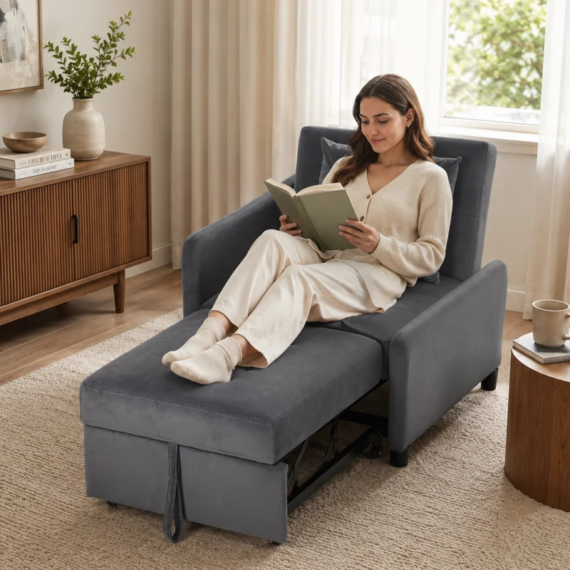 HOMCOM Sofá Cama 1 Plaza Convertible 4 en 1 Sillón Cama Tapizado en Terciopelo Respaldo Ajustable Gris Oscuro