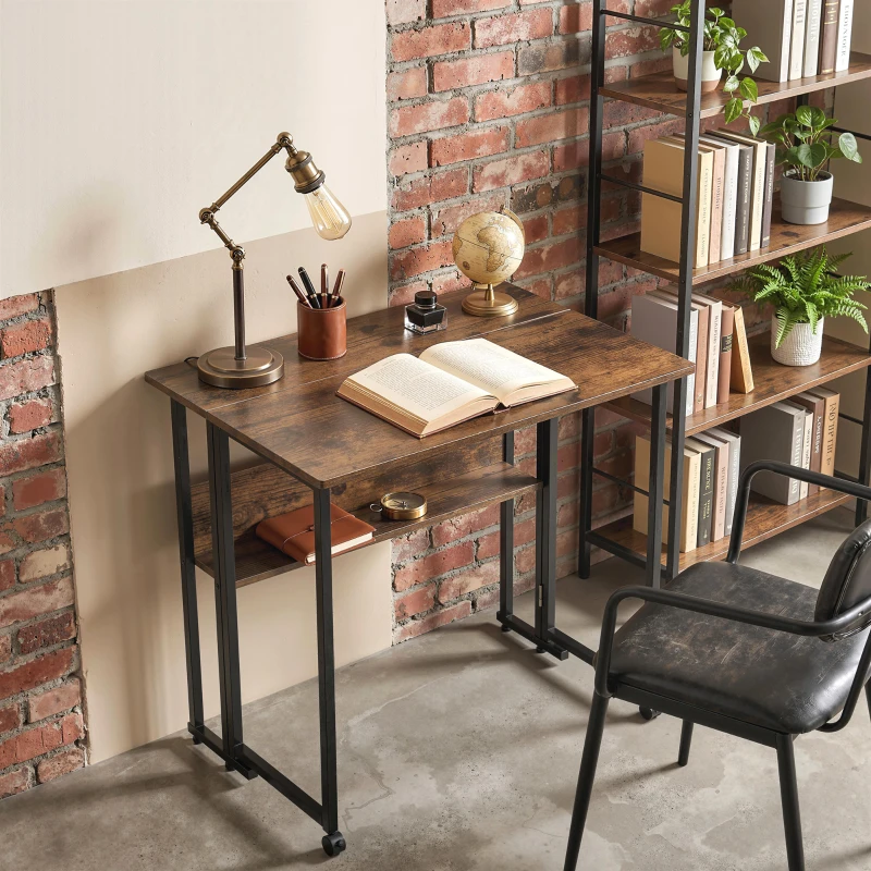 HOMCOM Klappbarer Schreibtisch mit Ablagefach, 80 cm Klapptisch für kleine Räume, Büro, Rustikales Braun