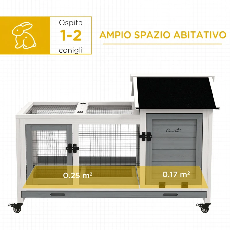 PawHut Conigliera in Legno da Interno ed Esterno con Ruote, Casetta, Tetto Apribile, Porte e Vassoio Estraibile, Grigio