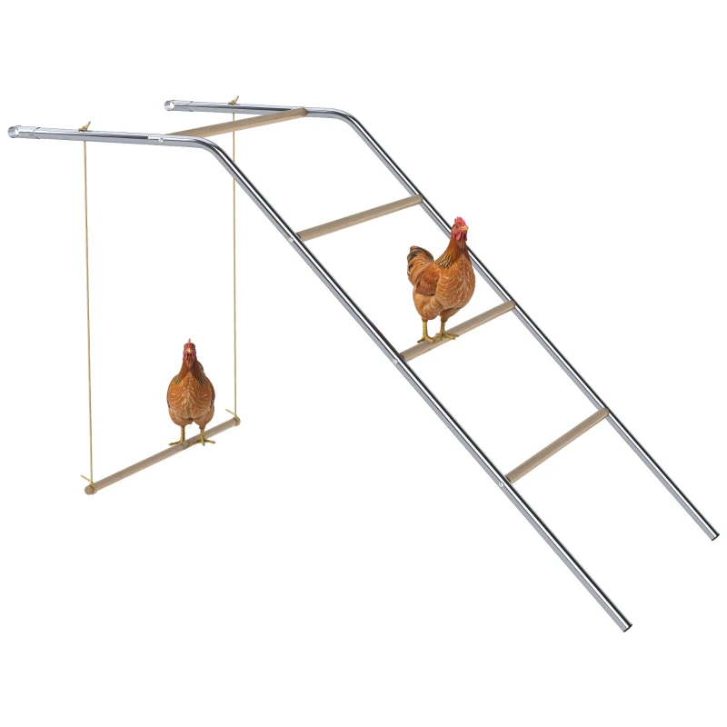 PawHut Hühner Spielgerüst aus Holz, Spielplatz für Hühnern mit Hühnerstangen, verstellbar Schaukel, 82 x 150 x 110 cm Silber
