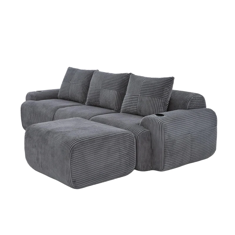 Corduroy L-Shaped Sectional Sofa with Integrated Cup Holders, 3-Seater Modular Cord Sofa for Living Rooms, 268L x 174W x 80H cm, Dark Gray
