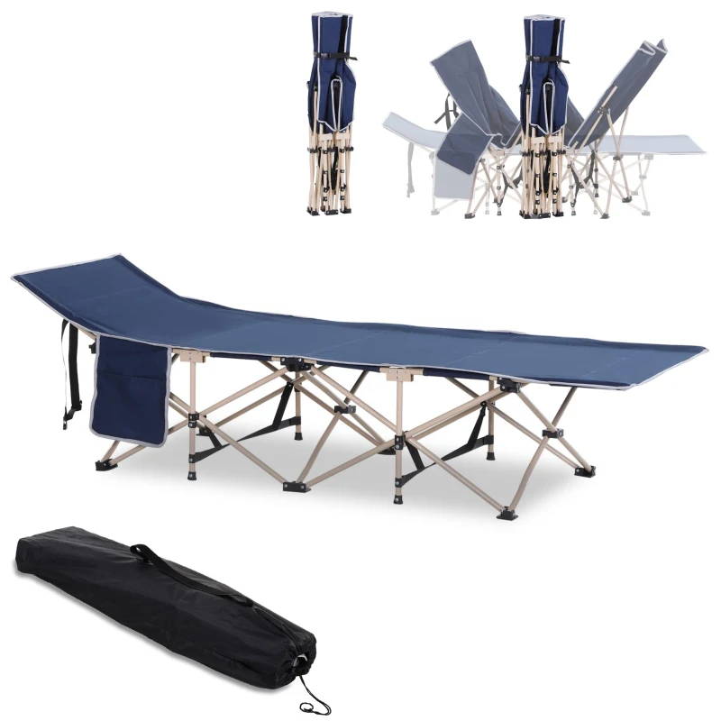 Outsunny Single Person Camping Bed Folding Cot Outdoor Patio Portable Military Sleeping Bed Travel Guest Leisure Fishing with Side Pocket and Carry Bag - Blue