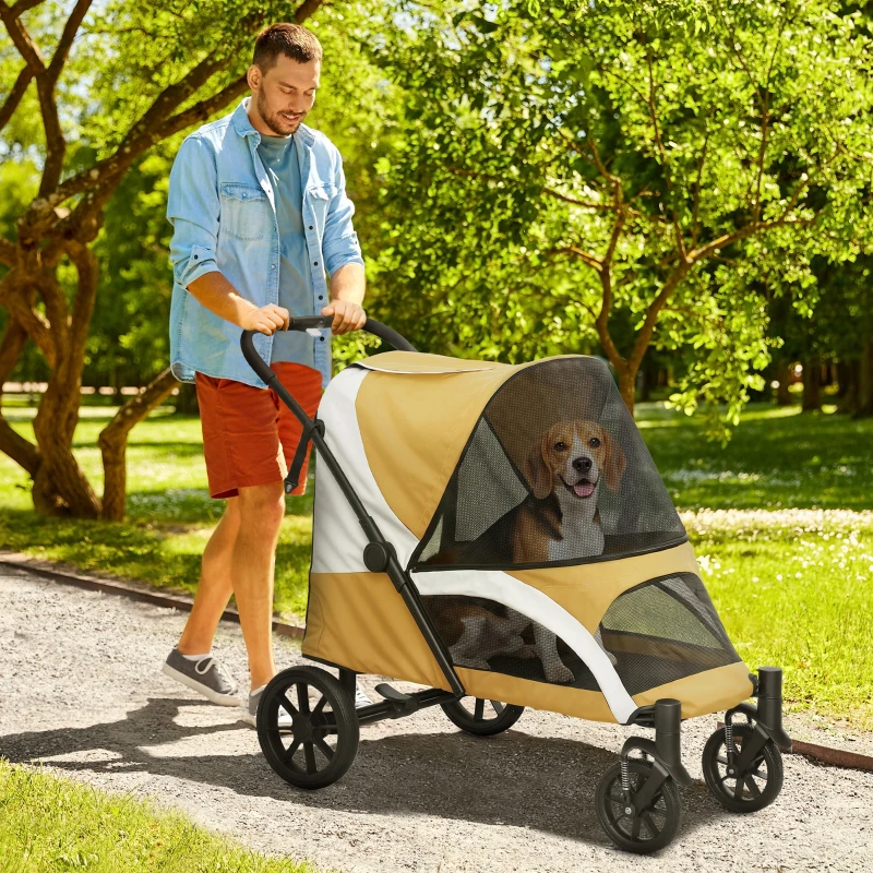PawHut Hundewagen, Faltbarer Hundebuggy für mittelgroße Hunde, Haustierwagen mit 4 Rädern, Sicherheitsleinen, Bremsen, Braun
