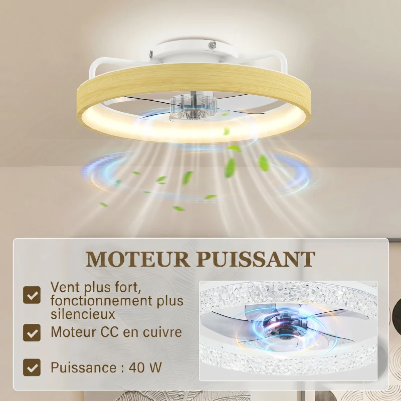 HOMCOM Ventilateur plafond avec lumière LED plafonnier ventilateur Ø49cm 7 pales 6 vitesses luminosité réglable mode été-hiver