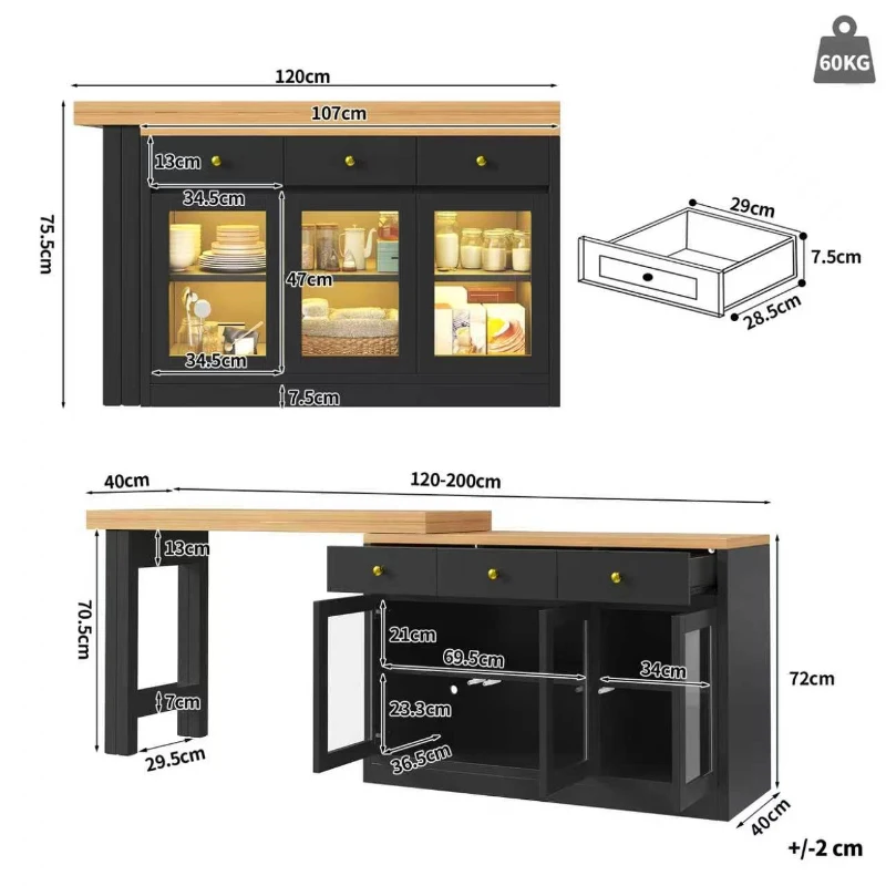 Extendable Kitchen Island with LED Lighting and Glass Cabinets, Space-Saving Dining Cart for Cosy Flats, 120L x 40W x 75.5H cm, Black