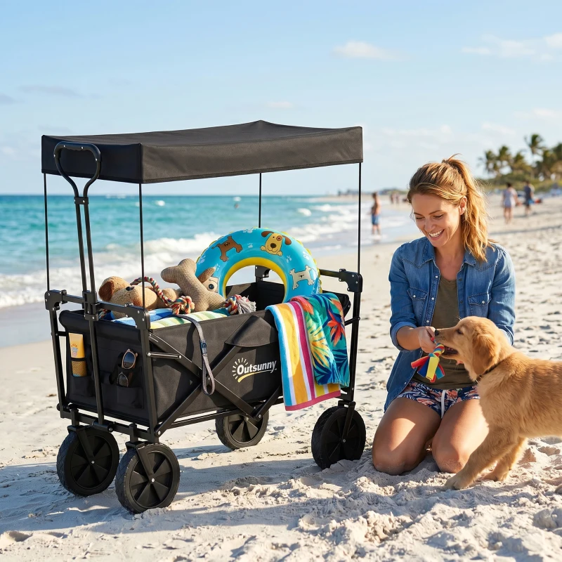 Outsunny Bollerwagen mit Dach, klappbar, 110L Kapazität, Stahlrahmen, 97x52x105 cm, Schwarz