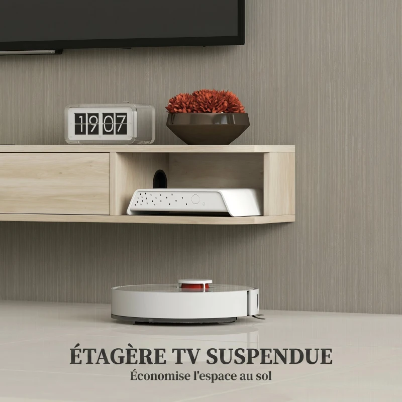 HOMCOM Meuble TV suspendu, meuble télé pour téléviseur jusqu'à 60 pouces, tiroir rabattable 2 étagères 140x24x16cm bois naturel