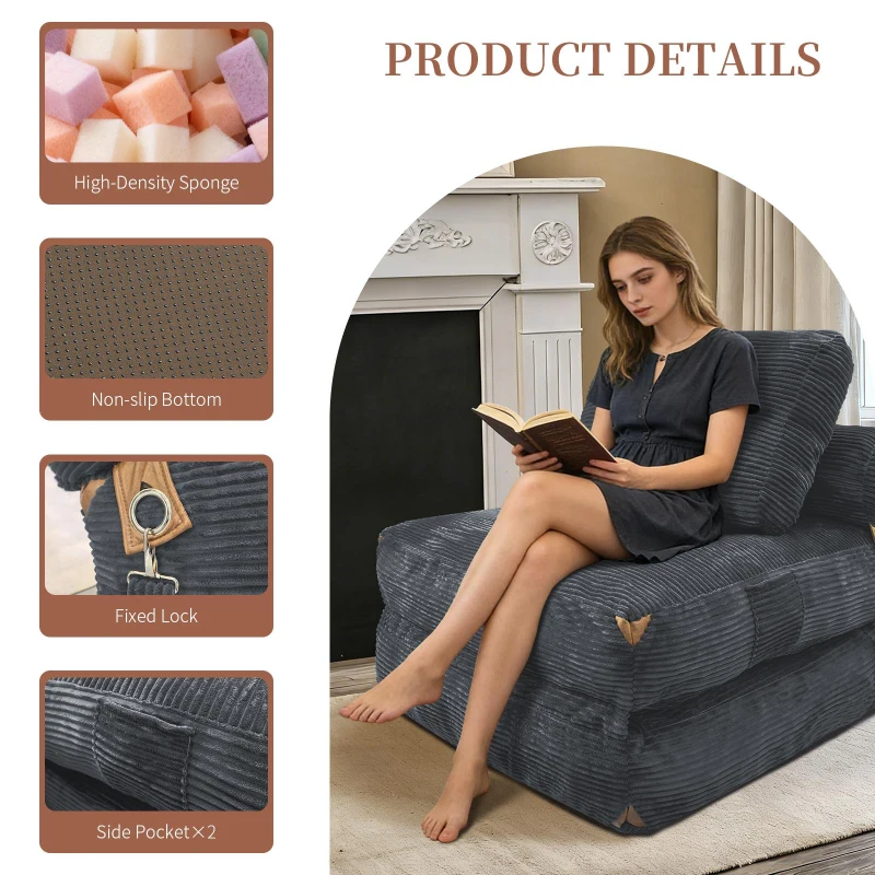 3-in-1 Convertible Corduroy Floor Sofa Bed with Side Pockets, Oversized Chaise Lounge for Bedrooms or Student Dorms, 87L x 86W x 40H cm, Gray