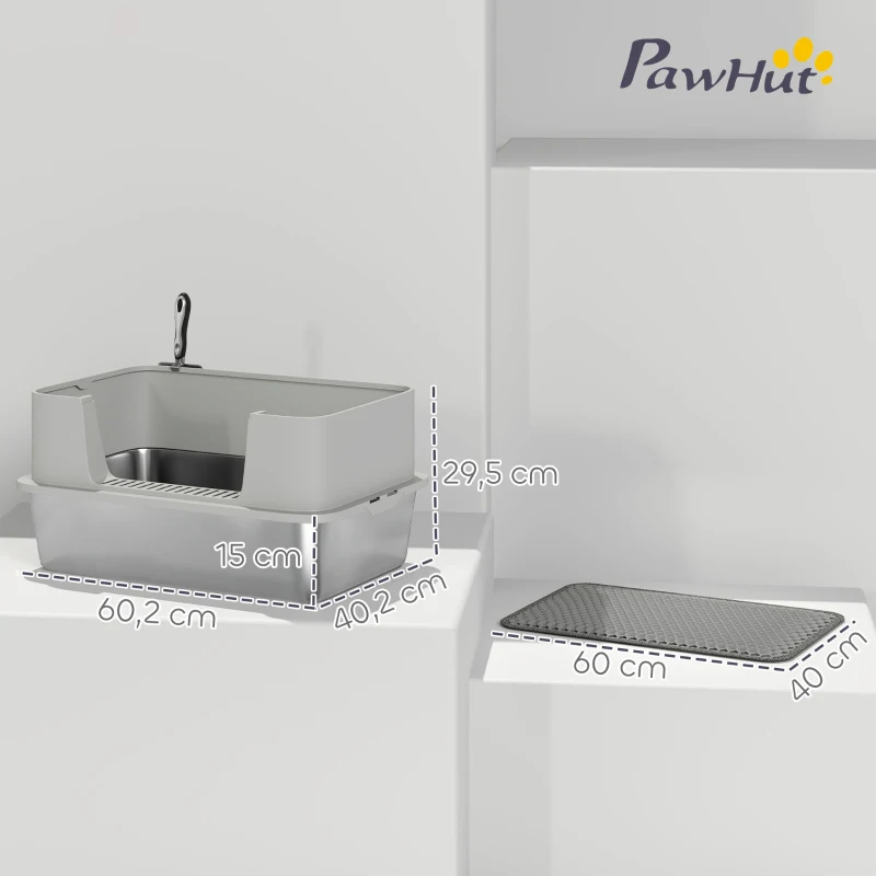 PawHut Katzentoilette Edelstahl Offene Katzenklo mit Schaufel hohem Rand Matte für Katzen bis 7 kg 60,2 x 40,2 x 29,5 cm, Grau