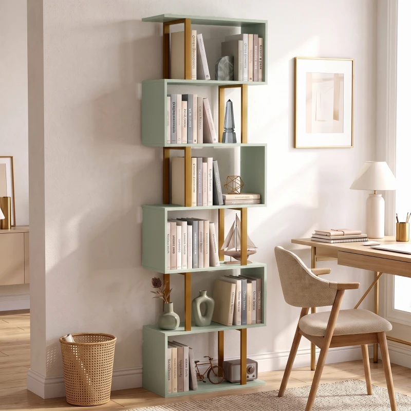 HOMCOM S-Shaped Bookshelf, 6-Tier Bookcase, Freestanding Storage Shelves with Anti-Tip Strap for Living Room, Light Green
