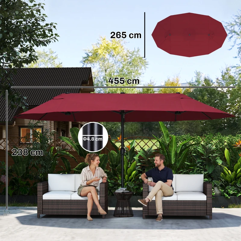 Outsunny Ombrellone da Giardino Doppio con Apertura a Manovella, in Acciaio e Poliestere, 455x265x238cm, Rosso