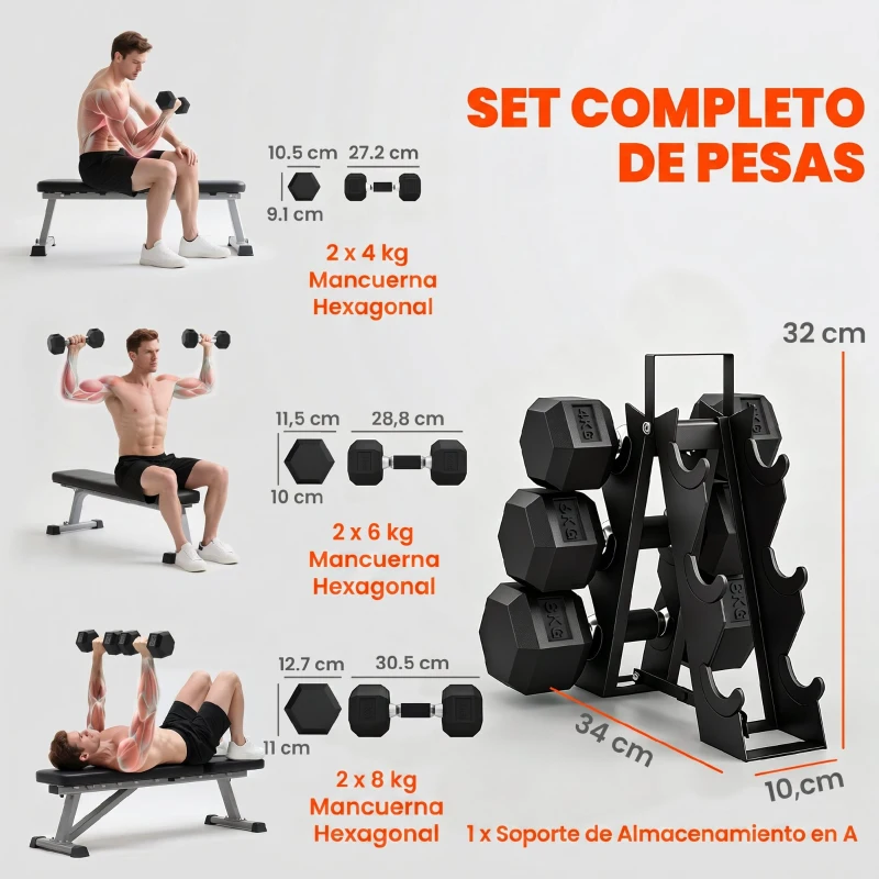 SPORTNOW Juego de Mancuernas 2x4kg 2x6kg 2x8kg con Soporte Recubrimiento de Goma y Mango Antideslizante para Casa Gimnasio