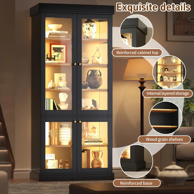 Modern Freestanding Display Cabinet with Height-Adjustable Shelves, LED Lighted Tall Showcase for Industrial Interiors, 80L x 40W x 180H cm, Black