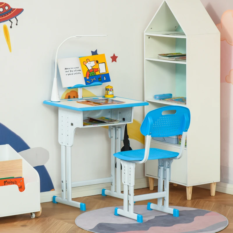 HOMCOM Kids Desk and Chair Set Adjustable Height Study Table Set with Drawer, Book Stand, Pen Slot - Blue