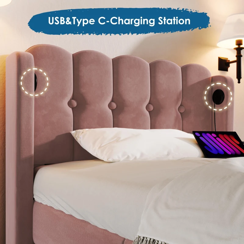 Practical Single Bed with USB and Type-C Charging Ports, Cozy Bed Frame with Grille Design Panel Headboard, 197L x 103W x 103H cm, Pink