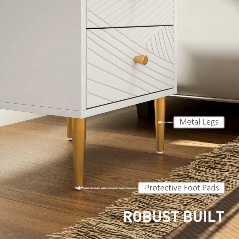 HOMCOM Elegant Two-Drawer Bedside Table - White/Gold-Tone