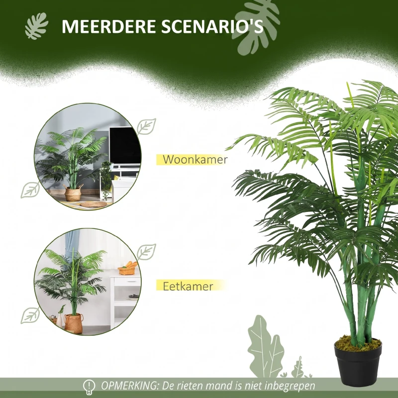 Outsunny Kunstpalm 125cm Groot kunstplant met 18 palmbladeren in pot voor woonkamer balkon